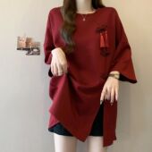 胖mm300斤流苏盘扣红色正肩短袖 开叉上衣 宽松大码 T恤女夏季 中长款