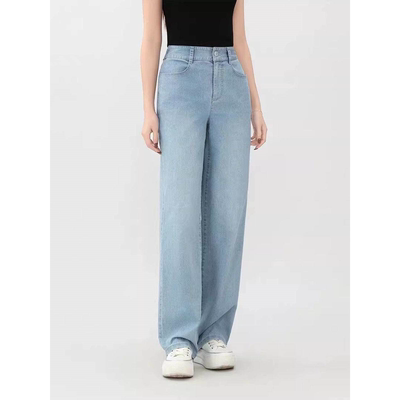 专柜同款春新松紧腰直筒牛仔裤女