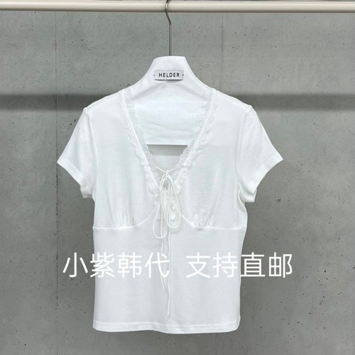 HELDER韩国东大门26春夏新款纯色V领系带蕾丝花边拼接短袖上衣女