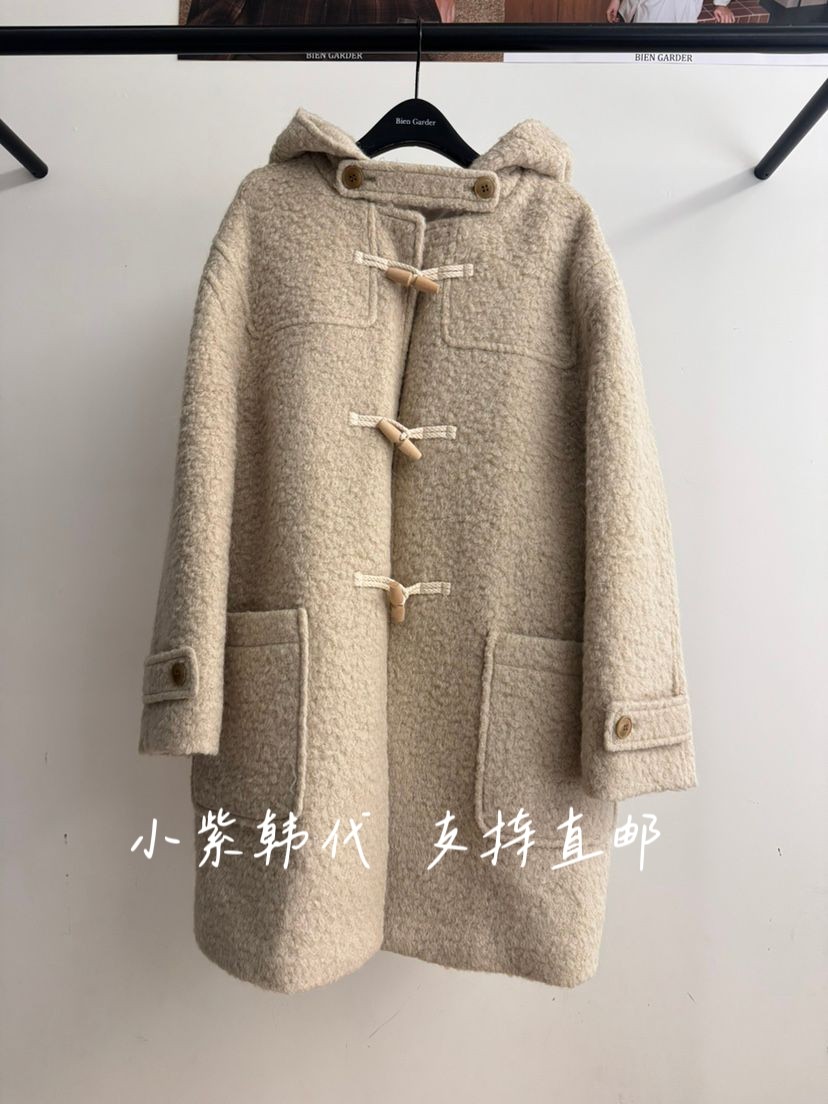 韩国代购牛角扣毛呢大衣外套