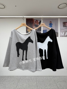 韩国东大门代购MADE-P 2026春女装新款马图案印花一字领长袖T恤女