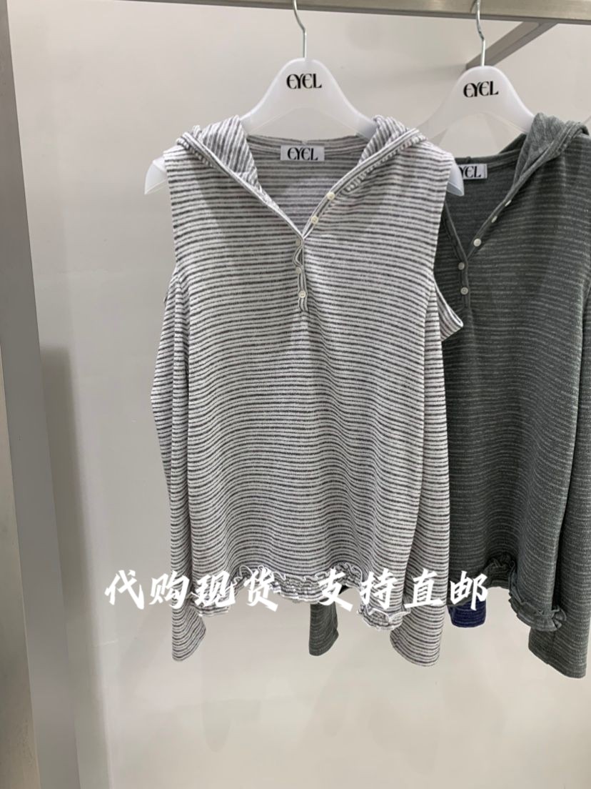 EYE韩国东大门2026秋冬女装新款百搭条纹连帽长袖T恤女图片
