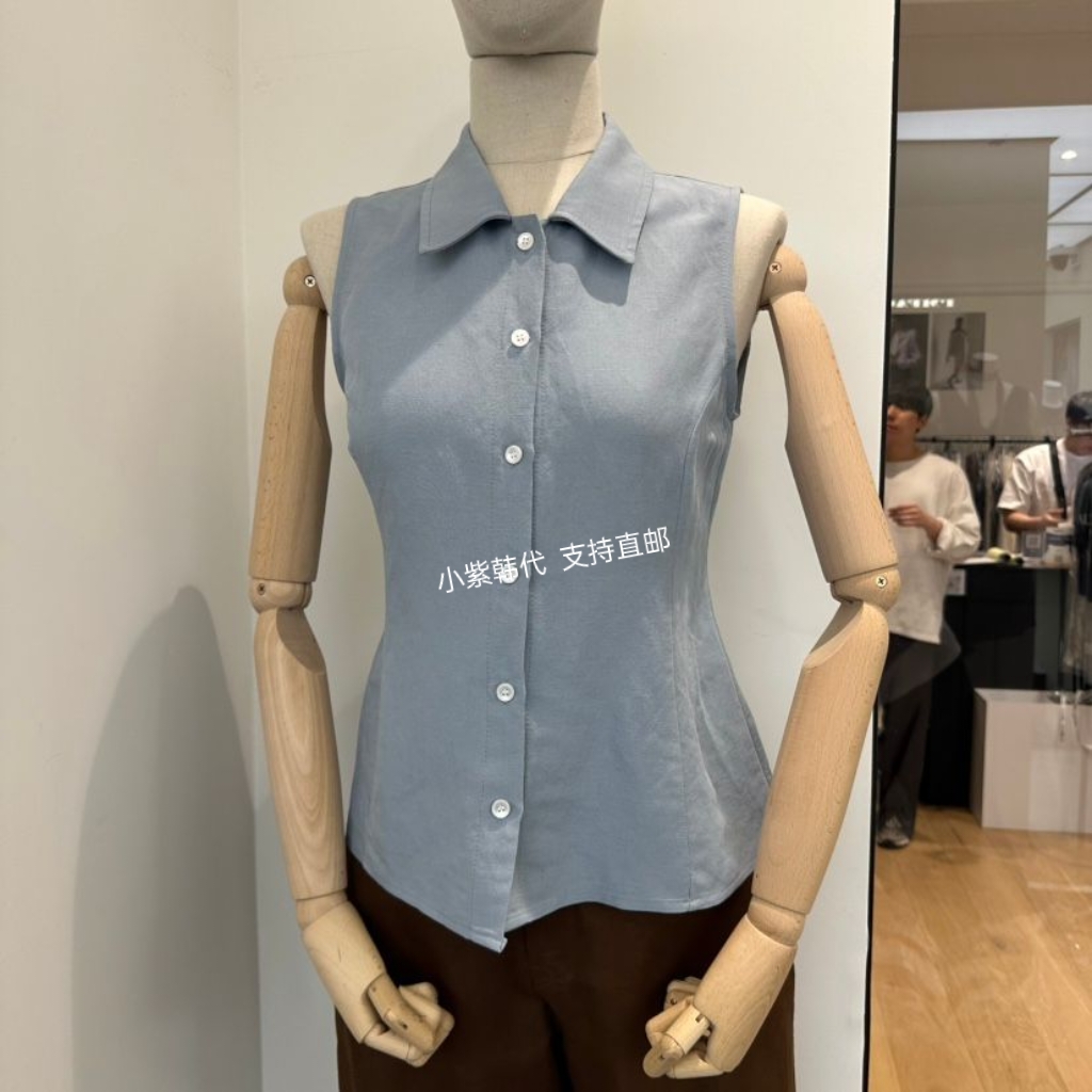 韩系翻领无袖系扣衬衣女