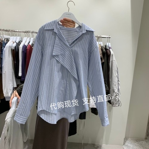 VENIR-A韩国东大门 26秋新款个性飘带设计时尚百搭条纹长袖衬衫女