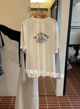 现货库存处理韩国东大门CHOI26春女装圆领字母印花拼接长袖T恤女