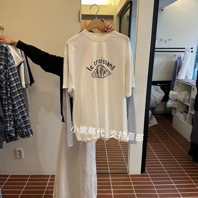 现货库存处理韩国东大门CHOI26春女装圆领字母印花拼接长袖T恤女