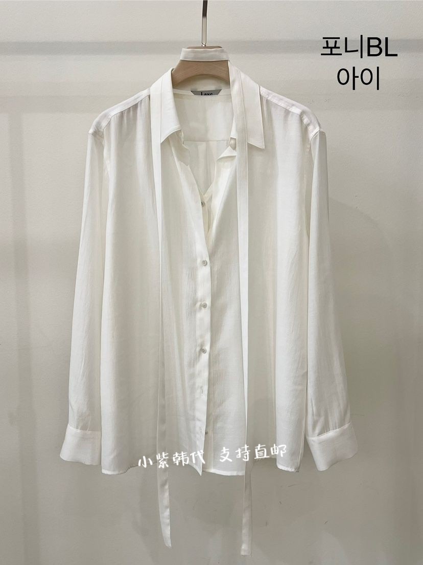飘带翻领系扣纯色衬衫女