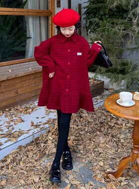 女童加厚毛呢子格子衬衫裙2026秋冬新款中大儿童长袖衬衣女孩外套