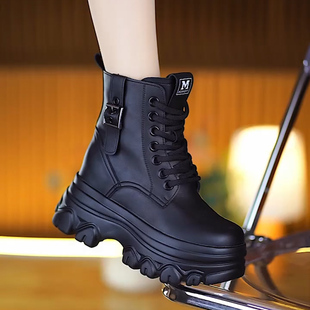 真皮马丁靴女英伦风2025秋季 高跟加绒短靴8cm厚底内增高棉靴 新款