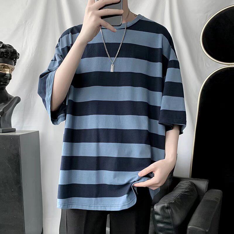 夏季男士五分袖条纹t恤潮流港风半袖衣服男韩版宽松短袖圆领上衣
