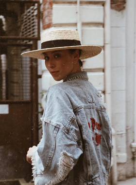 ［冷月］经典新款网红名媛麦秆度假沙滩旅行平顶平檐草帽法式复古