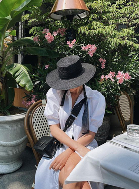 ［漠河］22ss新款黑色麦秆草编平顶平檐度假遮阳草帽法式复古帽女