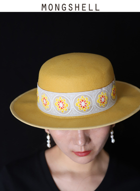 mongshell大疆 秋冬新款姜黄色平顶宽檐礼帽珍珠带羊毛呢毛毡帽子