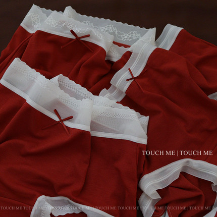 touchme法式蕾丝边复古红色内裤女纯棉抑菌裆本命年结婚中腰3条装