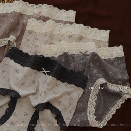 touchme法式复古螺纹碎花蕾丝边裸感内裤女透气抑菌纯棉裆中腰3条