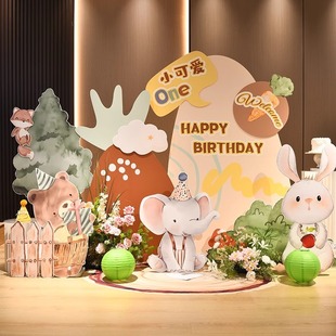 森系宝宝周岁生日场景布置装饰百天儿童男孩女孩手绘动物kt板