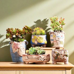 小镇透气小多肉花盆陶瓷家用绿植花盘粗陶陶盆控根陶土盆特价清仓