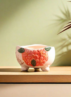 百花红色多肉花盆陶瓷家用小绿植粗陶陶盆控根陶土盆清仓特价花盘