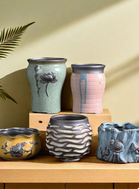 古典小多肉花盆陶瓷家用创意绿植粗陶陶盆控根陶土盆清仓特价花盘