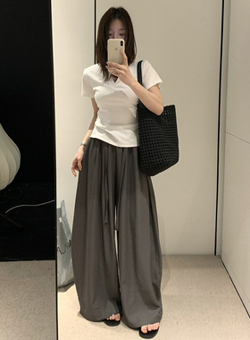 深灰色宽松百搭休闲裤女2026夏季新款韩系简约松紧腰慵懒显瘦长裤
