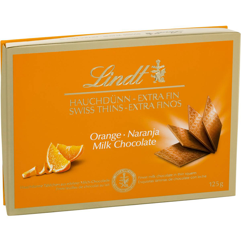 Lindt Swiss Thins Milk Chocolate Orange 125g桔子味牛奶巧克力 零食/坚果/特产 牛奶巧克力 原图主图