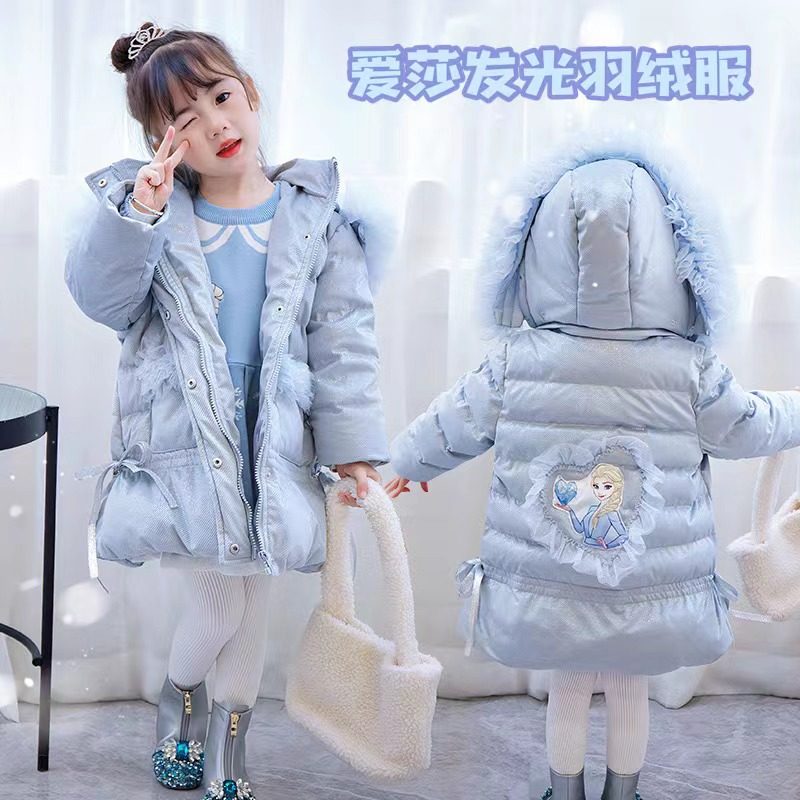 冬季新款女童艾莎公主白鸭绒羽绒服闪灯会发光冰雪长款外套大衣爱