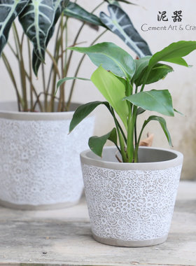 ins文艺小清新浮雕白色敞口水泥花盆栽多肉绿植水培室内阳台桌面