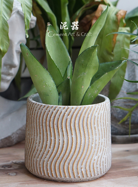 泥器浮雕金色条纹做旧仿古圆形水泥花盆北欧绿植多肉花盆阳台桌面