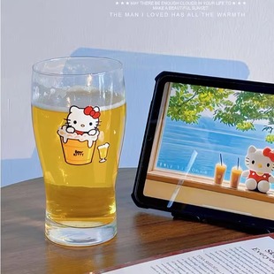 原创ins玻璃酒杯家用喝水杯酒馆精酿啤酒杯品脱杯 kitty beer