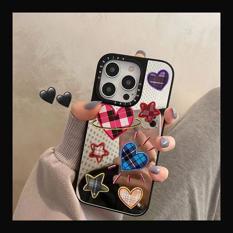 ins格纹爱心星星镜子适用苹果iphone14pro壳13补妆镜面12promax网红保护套11可爱xsmax小众高级感创意新款78p