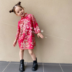 豆豆家女童鹿皮绒旗袍裙新款国潮童装小女孩复古连衣裙表演服年服