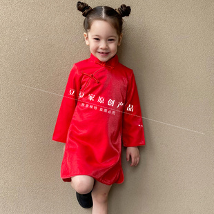 豆豆家原创儿童旗袍春秋款长袖女孩中国红旗袍小女孩喜庆年服旗袍