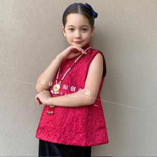 女童马夹中国风红色儿童女宝周岁生日抓周礼服高端夹棉加厚马甲
