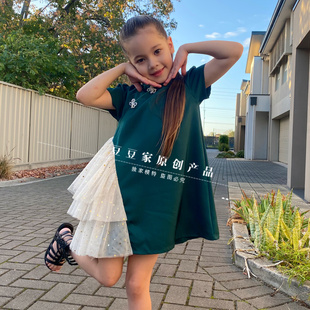 清仓 儿童改良中式旗袍洋气墨绿色中国风旗袍裙汉服亮片纱裙