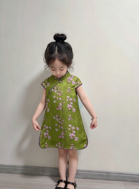 100%人丝香云纱女童新中式绿色旗袍夏季2026新款儿童盘扣连衣裙