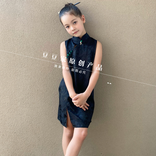 豆豆家亲子儿童黑色旗袍2025新中式提花女童旗袍夏季无袖薄连衣裙