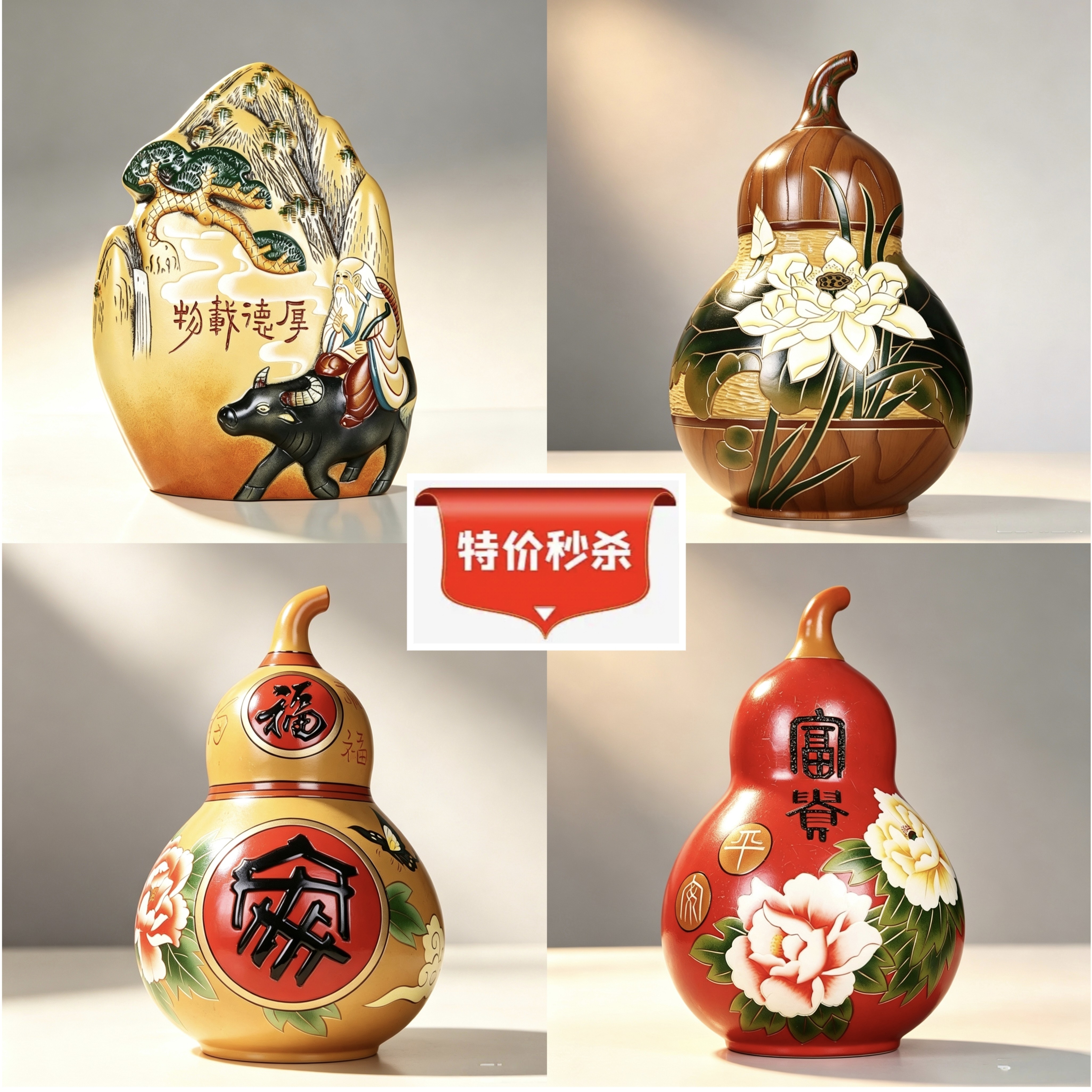 新中式陶瓷大葫芦摆件复古玄关博古架隔层入户进门小众装饰工艺品