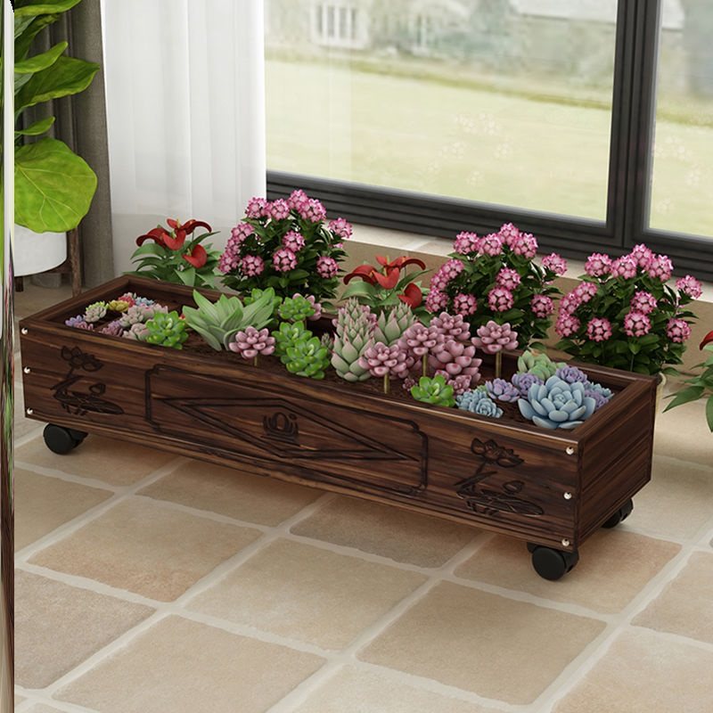 室内阳台种菜盆长方形花盆防腐木花箱可移动木质花盆槽多肉木头槽