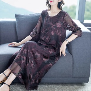夏季 女装 妈妈裙子 女中老年大码 桑蚕丝真丝连衣裙2025高端奢华新款