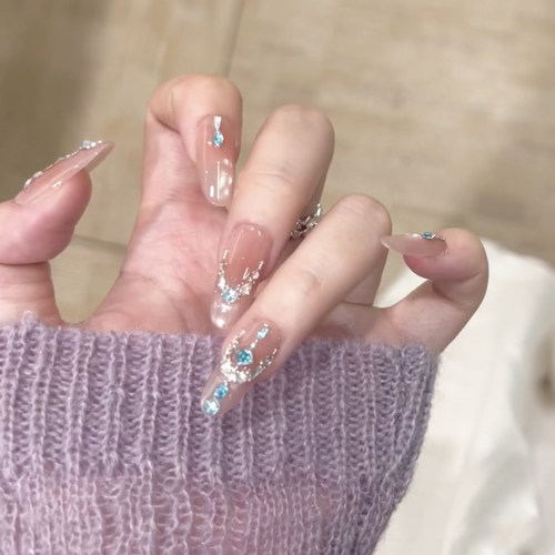 纯手工穿戴甲蓝猫眼爆闪高级美甲