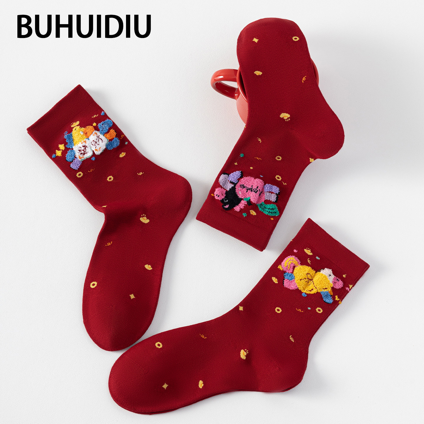 不会丢的袜子 马年红色中筒袜女款秋冬2026新年本命年可爱结婚袜