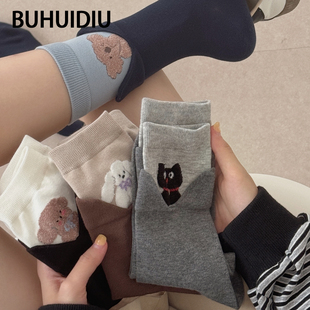 不会丢的袜子 创意卡通中筒袜女春秋设计感可爱小狗透气长袜夏季