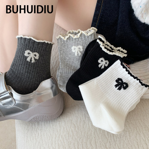 袜子女款春秋蝴蝶结木耳边短筒袜
