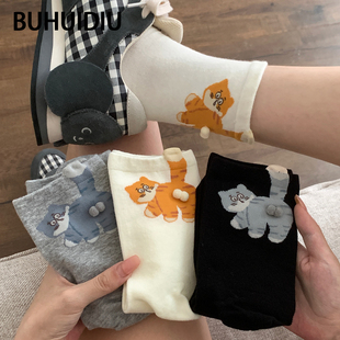 不会丢的袜子 可爱猫咪蛋蛋中筒袜女夏季薄款卡通创意设计感长袜