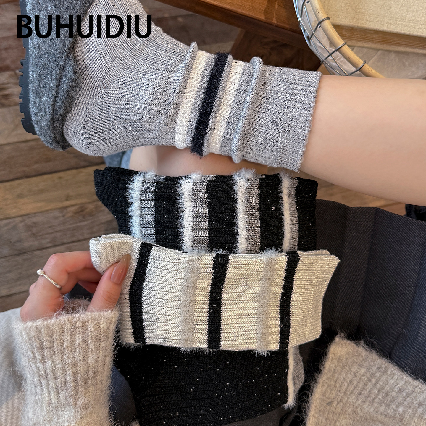 不会丢的袜子粗针条纹中筒袜女秋冬加绒加厚保暖羊毛袜灰色堆堆袜