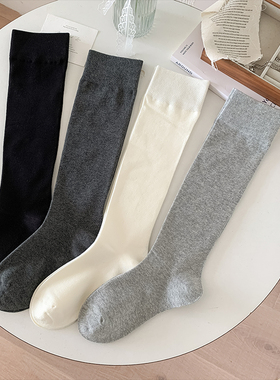 不会丢的袜子 秋冬黑色白色小腿袜女纯棉灰色长筒无骨长袜配靴子
