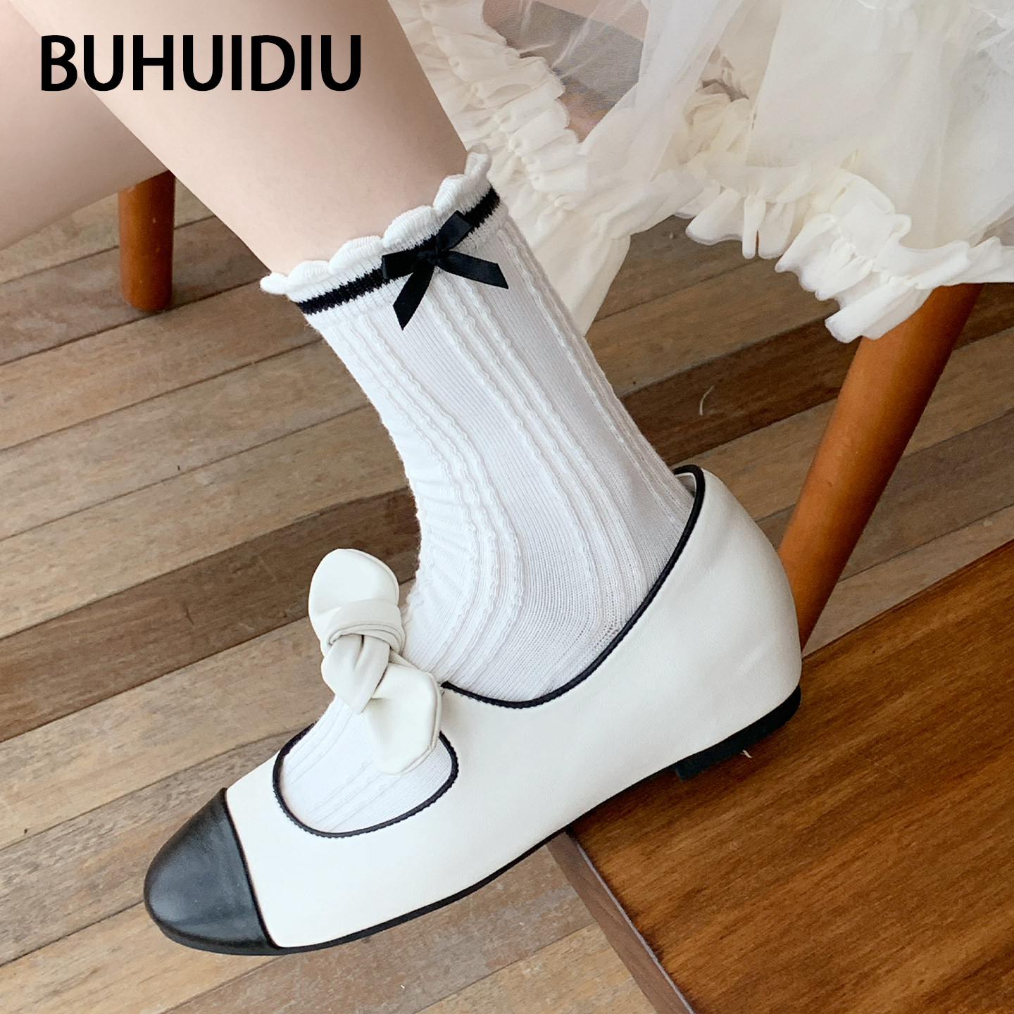 不会丢的袜子蝴蝶结中筒袜女款春秋韩系芭蕾风无骨堆堆袜配小皮鞋