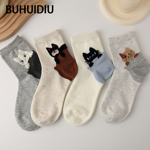 不会丢的袜子 可爱猫咪中筒袜女夏薄款纯棉卡通小众设计感短筒袜