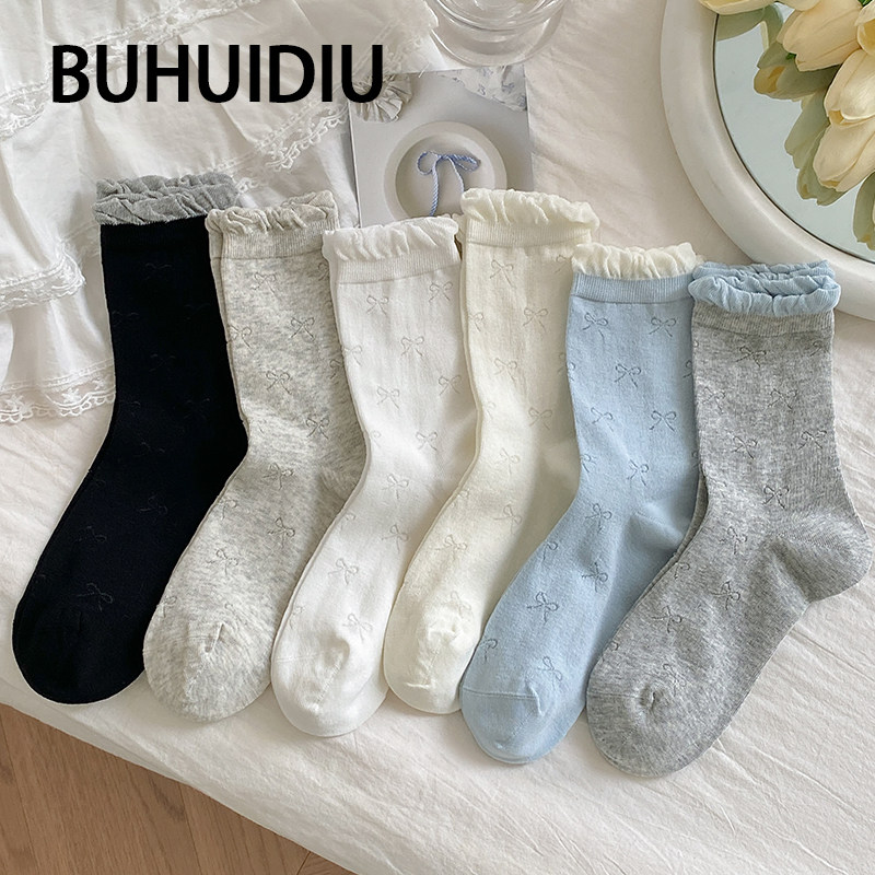 不会丢的袜子 网眼无骨中筒袜女夏薄款miu风蝴蝶结花边堆堆袜夏天