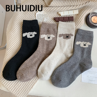 不会丢的袜子 可爱小狗羊毛中筒袜女秋冬季日系加厚保暖羊绒长袜